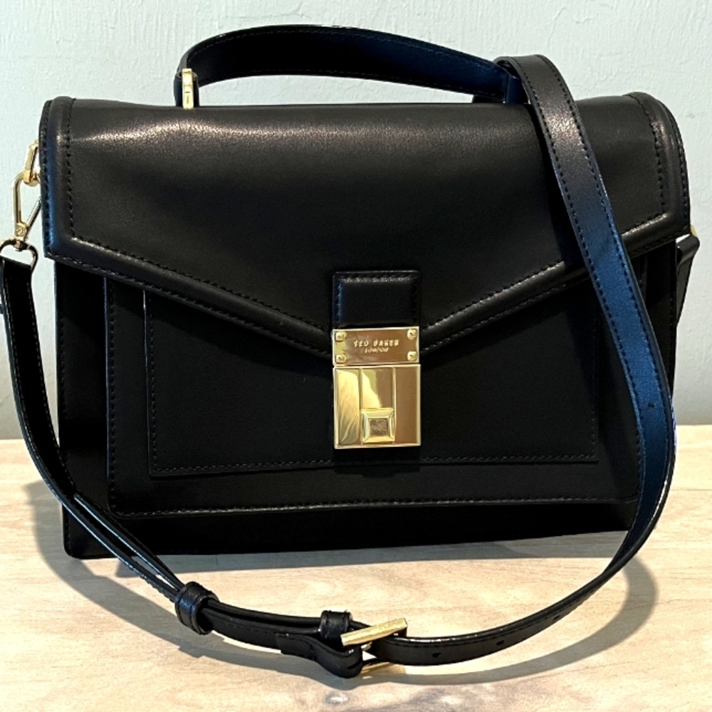 Ted Baker Kimmba Luggage Lock Medium Satchel/Shoulder Bag‎ in Black Leath…